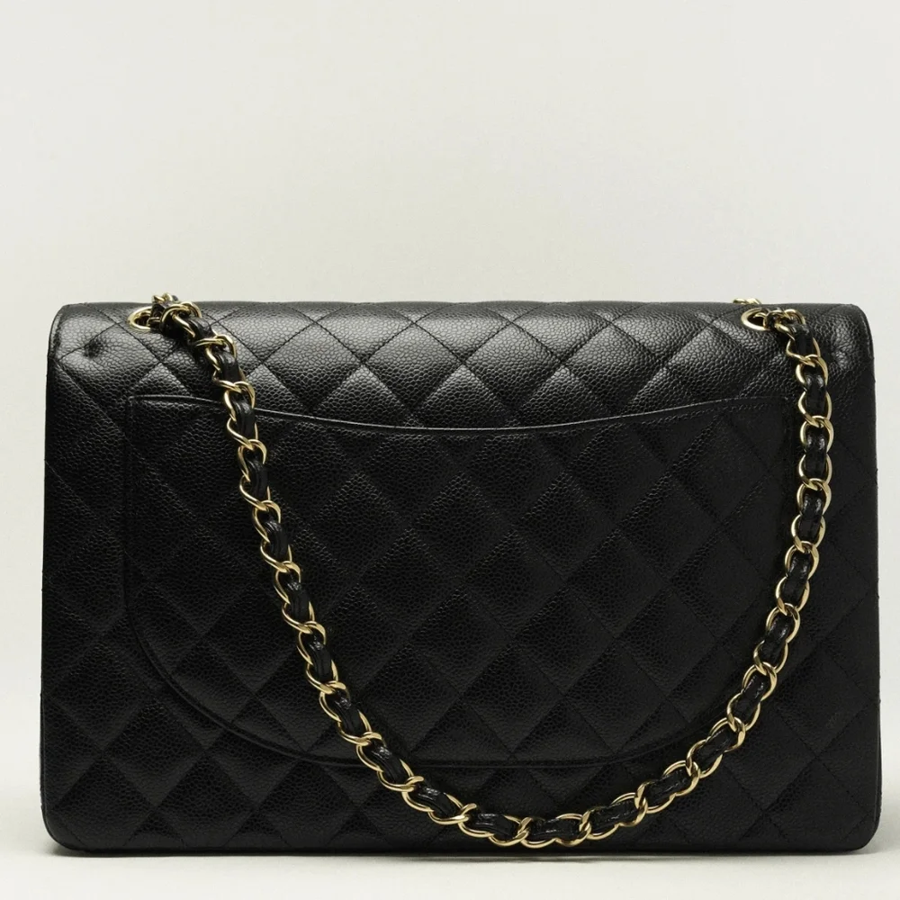 Rare! Chanel CC 24 kt Gold HW Classic Single Flap Bag Quilted BLACK Caviar JUMBO - Picture 8 of 16
